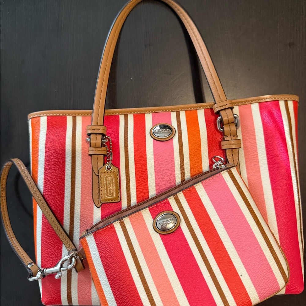 Coach Pink and Red Striped Tote and Wristlet Set